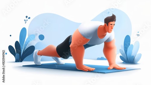 A cartoon man doing push-ups on a yoga mat in a bright, playful environment with plants in the background.