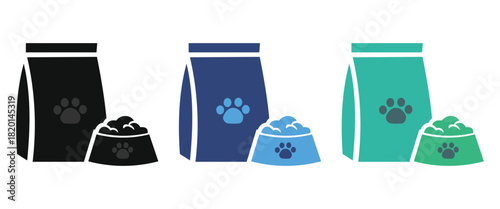 “Dog, cat, animal or pet full food bowl symbol sign silhouette and outline set. Black and white logo icon flat vector clip art illustration design.”