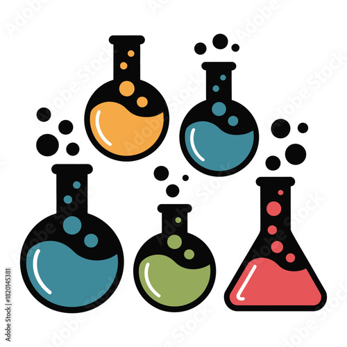 Colorful laboratory flasks with bubbling liquids and science experiment theme