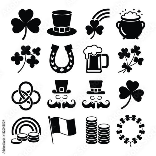 St. patrick's day icons set: shamrock, pot of gold, beer, lucky symbols collection