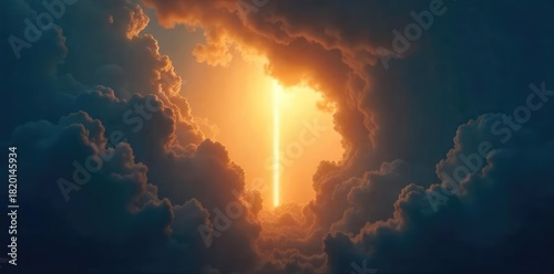 A single, bright light beam cuts through dark, stormy clouds, symbolizing hope and deliverance The light offers a sense of peace and spiritual awakening amidst the chaos , redemption, glow, escape