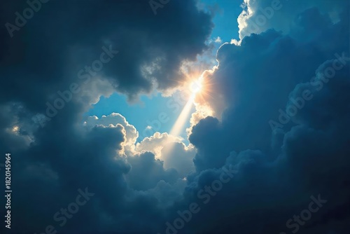 A single, bright light beam pierces through dark clouds, symbolizing hope, innovation, and a breakthrough, illuminating the path forward , beam, celestial, success