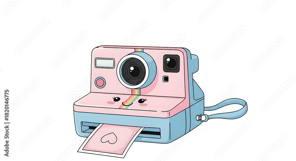 Fototapeta premium Cute Kawaii Pink Instant Camera Illustration with Heart Photo perfect for social media graphic, website design, children's products, sticker, print,