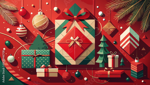 Festive Christmas gifts and ornaments creating a joyful holiday spirit, perfect for seasonal promotions, greetings, and warm wishes during the holidays