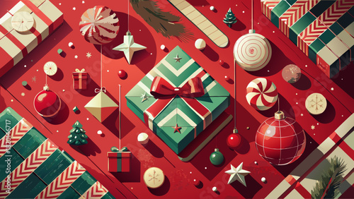 Festive Christmas presents and holiday ornaments create a joyful, colorful modern design, perfect for seasonal greetings and winter celebrations