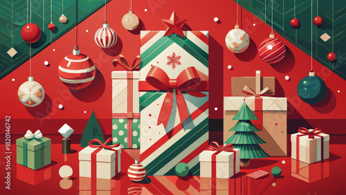 Festive Christmas gifts and ornaments arranged in a joyful holiday scene, perfect for seasonal greetings and celebrations of winter magic and family traditions