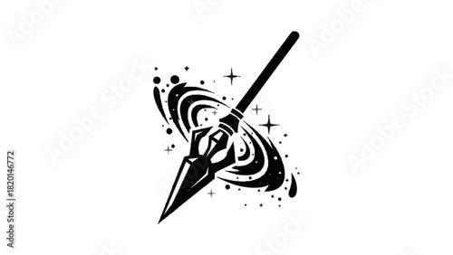 Vector illustration of black and white stylized graphic of a cosmic spear or trident with swirling galaxy elements isolated on transparent background