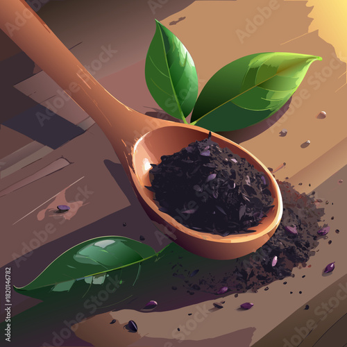 Artistic Hibiscus Tea Still Life: Wooden Spoon, Vibrant Leaves, and Rich Aroma, Perfect for Wellness, Relaxation, and Health Focused Designs