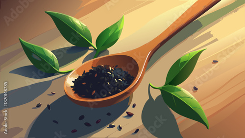 Wooden spoon filled with black sesame seeds and fresh green leaves, promising natural wellness and culinary delight in a rustic, simple presentation