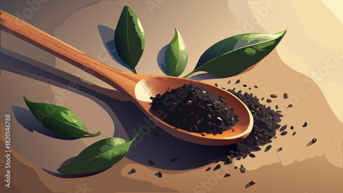 Black sesame seeds in wooden spoon with fresh green leaves for healthy eating and wellness, a vibrant and flavorful addition to your culinary project