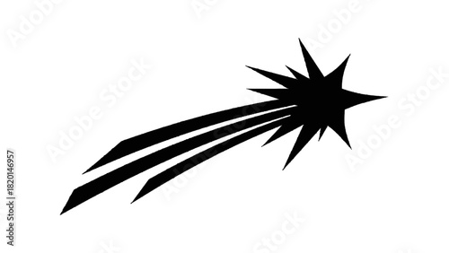 Vector illustration of black silhouette of a shooting star or comet with a spiky burst and long tail isolated on transparent background