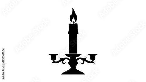 Vector illustration of black silhouette of a tall burning candle in an ornate candelabra isolated on transparent background