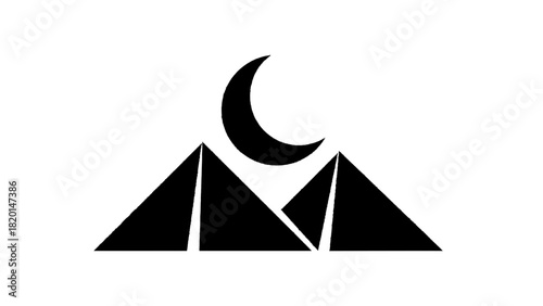 Vector illustration of minimalist black silhouette icon of a crescent moon above three abstract pyramids isolated on transparent background