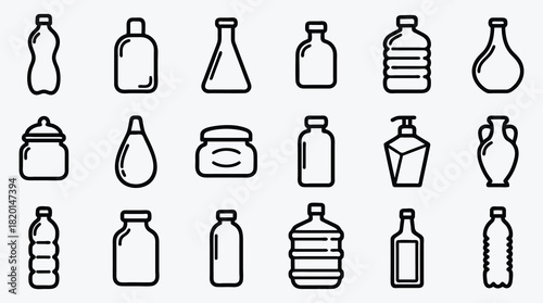 Assorted bottles and containers line art icon set monochrome design