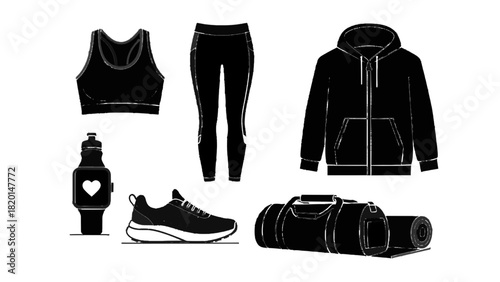 Vector illustration of collection of black and white fitness and workout apparel and accessory icons isolated on transparent background