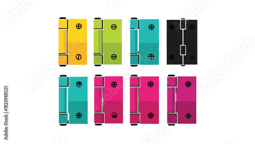 Vector illustration of set of colorful door hinge icons in different colors and styles isolated on transparent background