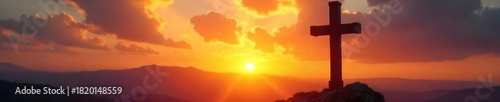 A symbolic depiction of Christian salvation; a cross silhouetted against a sunrise, conveying hope, redemption, and new beginnings , silhouette, belief