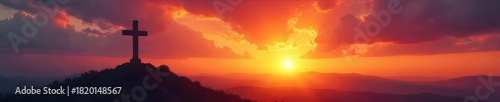 A symbolic depiction of Christian salvation; a cross silhouetted against a vibrant sunrise, conveying hope, redemption, and new beginnings , hope, belief