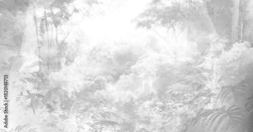 Fototapeta Naklejka Na Ścianę i Meble -  Tropical forest landscape , Trees and leaves wallpaper , Tropical wallpaper . wallpaper abstract forest background mural art . Misty Grayscale Jungle Landscape with Overlapping Clouds