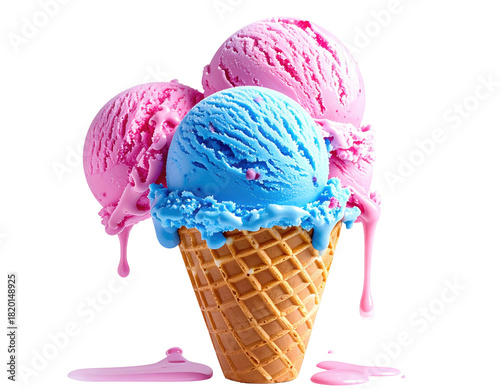 Three colorful ice cream scoops cascading over a waffle cone, black background