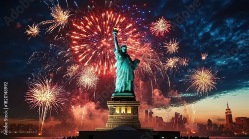 Spectacular fireworks display over the statue of liberty at night