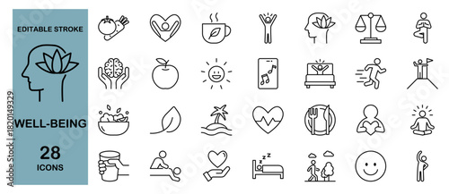 Well-being Icon Set – Wellness, Health, Mental and Activity. Editable Stroke, Vector Illustration