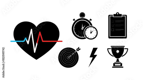 Vector illustration of set of black silhouette icons representing fitness goal achievement, heart rate, time management, and success isolated on transparent background