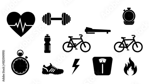 Vector illustration of collection of black silhouette icons representing fitness sport and healthy lifestyle activity isolated on transparent background