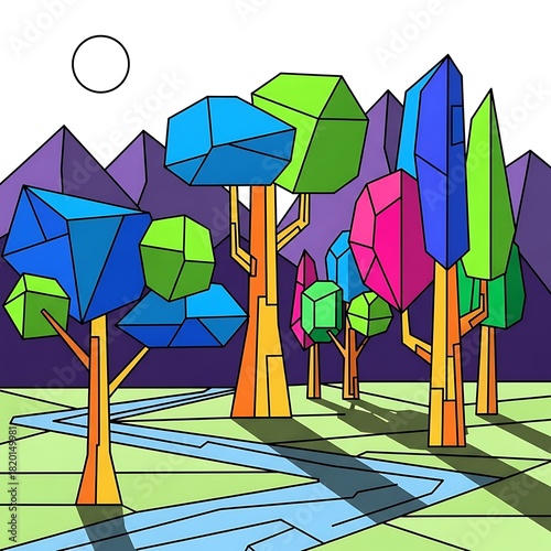 Vibrant Geometric Forest Landscape with Abstract Trees and River.