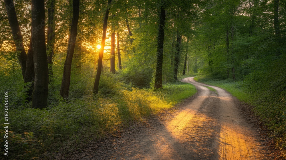 Fototapeta premium Discover the tranquil beauty of winding forest path at sunrise