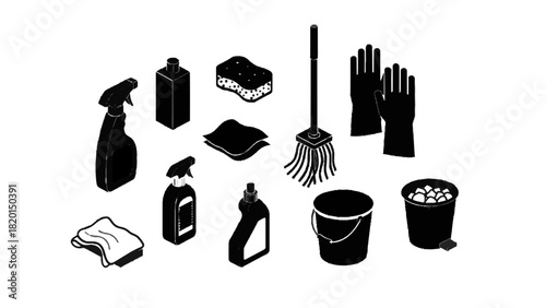 Vector illustration of collection of black and white cleaning supplies icons including spray bottle mop sponge and glove isolated on transparent background