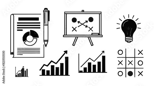 Vector illustration of set of business strategy and planning icons including chart report presentation board game and lightbulb isolated on transparent background