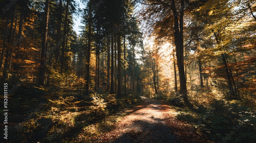 Fototapeta premium Sunlight streams through tall, dense trees illuminating an autumn forest pathway