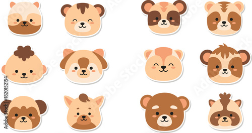 Set of cute cartoon animal face stickers, vector icons of brown bear, puppy, and monkey heads for kids nursery, scrapbooking, happy emoji, and design
