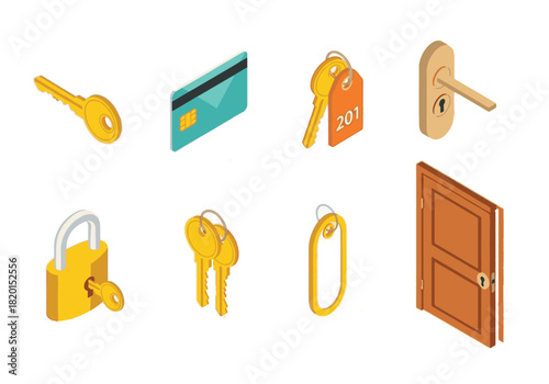 Hotel key basics set icons in modern isometric flat vector style: key with tag, room keycard, key with number, door lock, padlock with key, key on ring, simple tag, open door.
