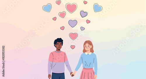 Young interracial couple holding hands with colorful hearts above on pastel background for Valentine's day and romantic love concept vector illustration design flat style