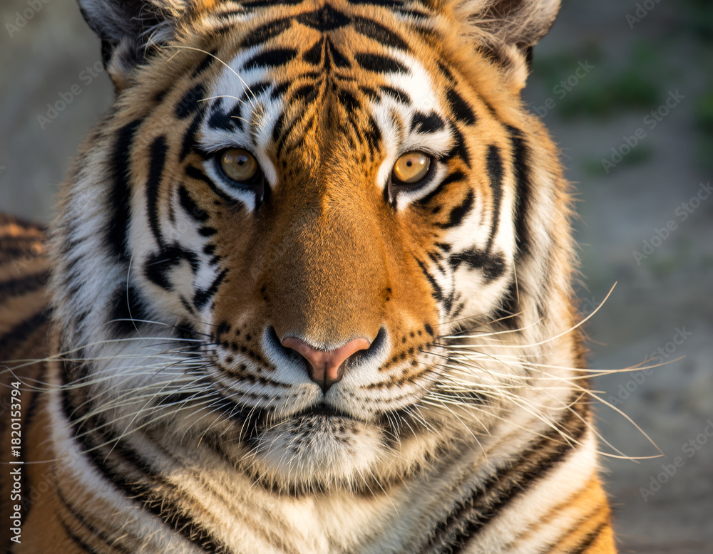 Naklejka premium Majestic Tiger CloseUp Striking Portrait of a Bengal Tiger's Face with Detailed Stripes and Intense Gaze. Captivating Wildlife Photography.