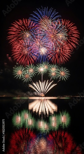 Stunning Night Sky Illuminated by Vibrant Fireworks Reflected on Calm Water.