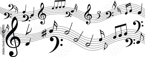 Abstract flowing musical notes and clefs creating a dynamic wave pattern on a white background
