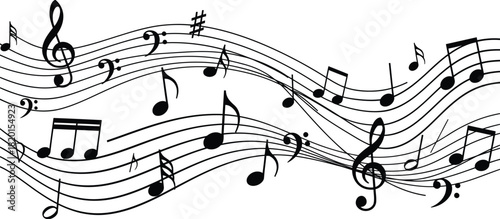 Abstract flowing musical staff with black notes and clefs on a white background creating a sense of melody and rhythm