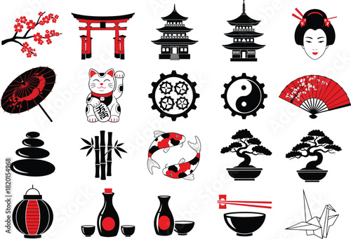 Collection of japanese cultural icons and symbols including a torii gate pagoda geisha umbrella fan and bonsai trees