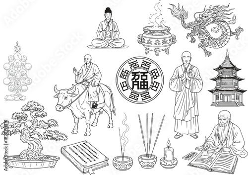 Collection of traditional chinese cultural symbols and figures including yin yang and pagoda in black and white line art