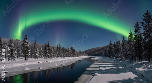 Green Aurora Borealis Arching Over a Snowy Winter River Landscape.