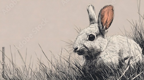 Detailed illustration depicts a small lagomorph nestled within tall blades of grass