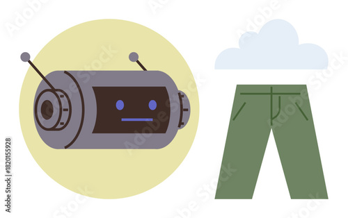 Floating robot with antennas, green pants, and white cloud against colored circles. Ideal for technology, surrealism, creativity, humor, sci-fi innovation abstract designs. Simple flat metaphor