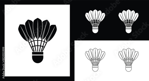 Badminton shuttlecock vector set, sport game equipment icon, black and white birdie illustration, feather silhouette symbol, isolated outline design, tournament graphic collection, flat style element