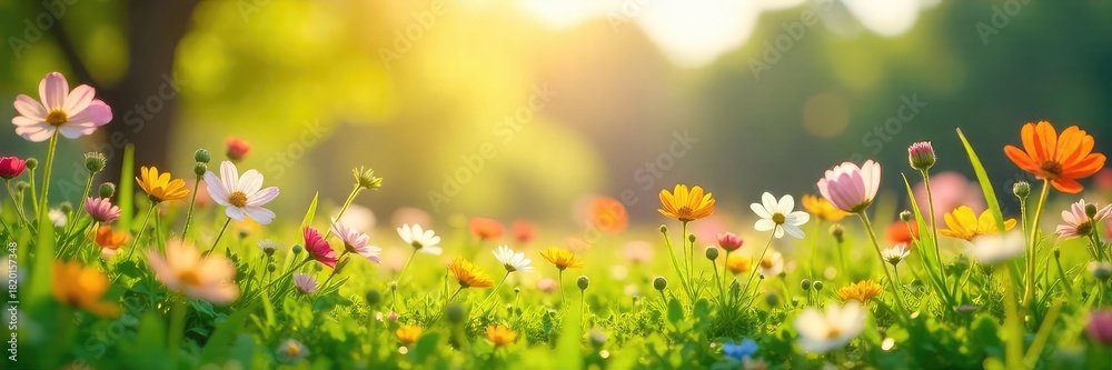 Fototapeta premium Vibrant wildflowers bursting into bloom in a lush green meadow under the bright spring sun Perfect for themes of renewal, growth, and the beauty of nature's awakening , vibrant, blossom, botany