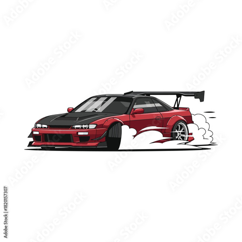 Red sports car drifting with smoke isolated on white background