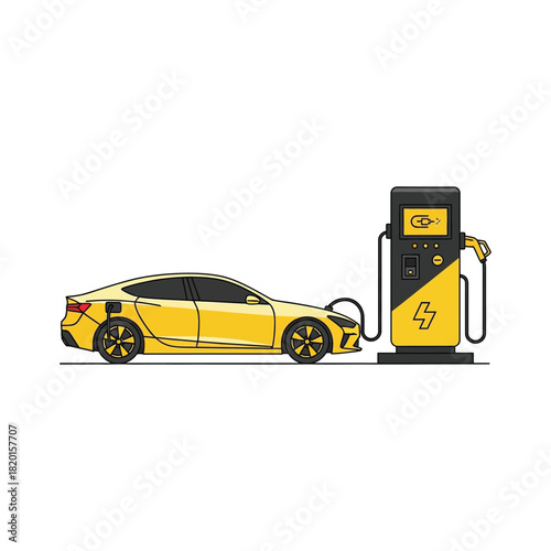 Yellow electric car charging at a modern charging station isolated on white background