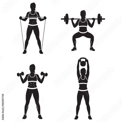 Set of Four Female Fitness Silhouettes: Resistance Band, Barbell Squat, Dumbbells, and Kettlebell Workout